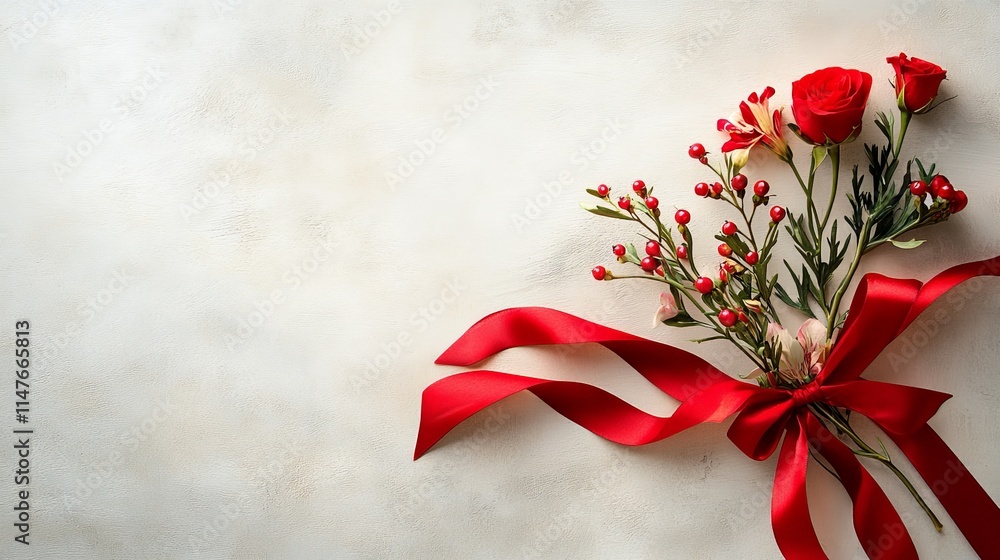 Elegant red rose bouquet with ribbons and berries on light background Elegant red rose bouquet with ribbons and berries on light background