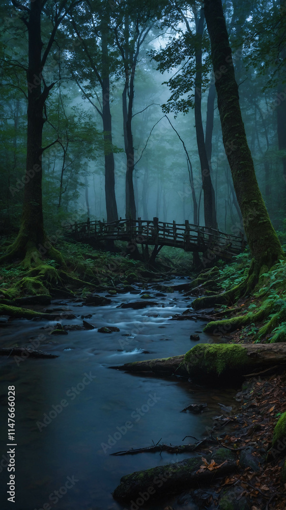 Obraz premium Early morning fog covering the river in the forest with green grass and trees creating a peaceful nature scene