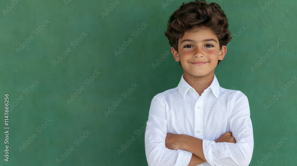 A smiling boy with curly hair stands confidently with arms crossed against a green background, wearing a white shirt. A smiling boy with curly hair stands confidently with arms crossed against a green background, wearing a white shirt.