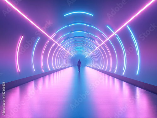 Futuristic Tunnel Illuminated by Vibrant LED Lights Creates an Otherworldly Experience for Visitors, Science Fiction