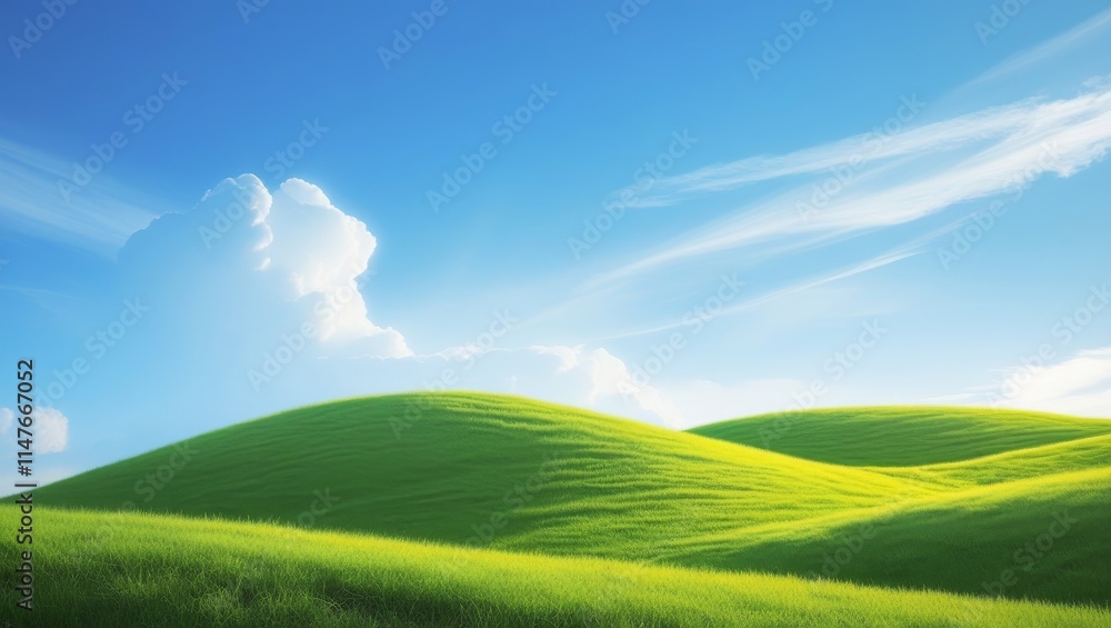 Peaceful rolling hills covered in vibrant green grass under a bright blue sky Peaceful rolling hills covered in vibrant green grass under a bright blue sky