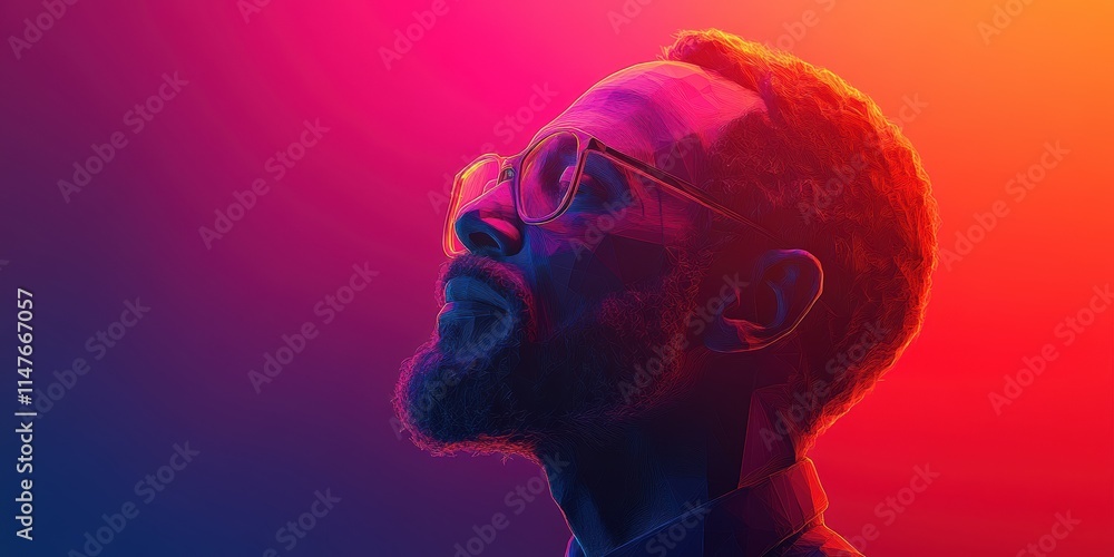 Captivating Digital Portrait of a Bearded Man with Glasses in a Glowing Multicolor Background: Vibrant Blend of Neon Hues and Stylized Shadows Captivating Digital Portrait of a Bearded Man with Glasses in a Glowing Multicolor Background: Vibrant Blend of Neon Hues and Stylized Shadows