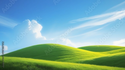 Peaceful rolling hills covered in vibrant green grass under a bright blue sky