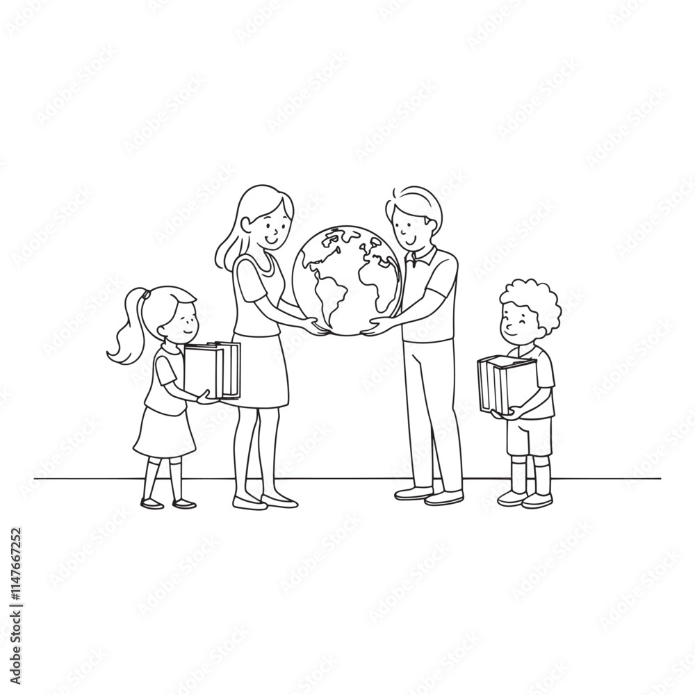  School children with teacher holding earth Continuous line art flat vector illustration