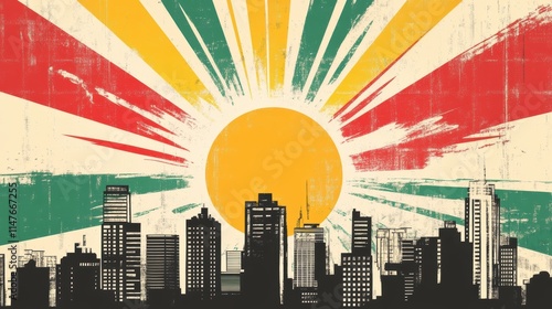 Retro city skyline silhouette with a vibrant sun and pan-african flag colors in the background, commemorating black history month in an illustrated style