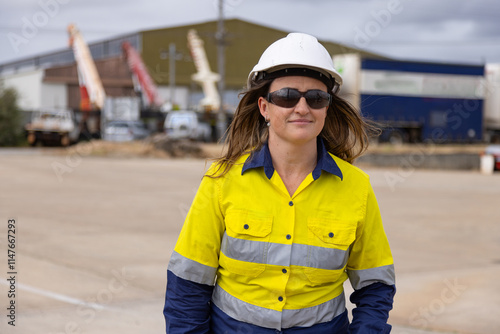 Happy woman in reflective clothing walking across industrial site photo