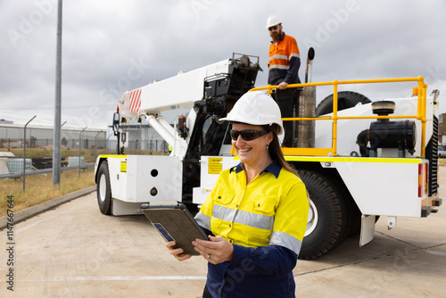 adult woman in reflective clothing holding a tablet on worksite by crane photo