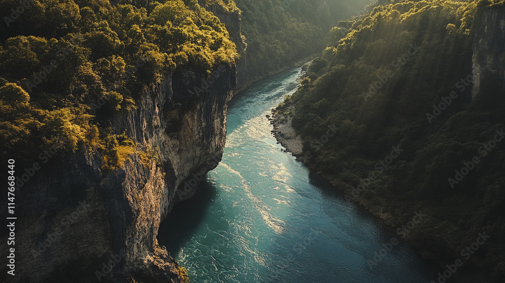 Obraz premium jagged cliff overlooks turquoise river in serene landscape