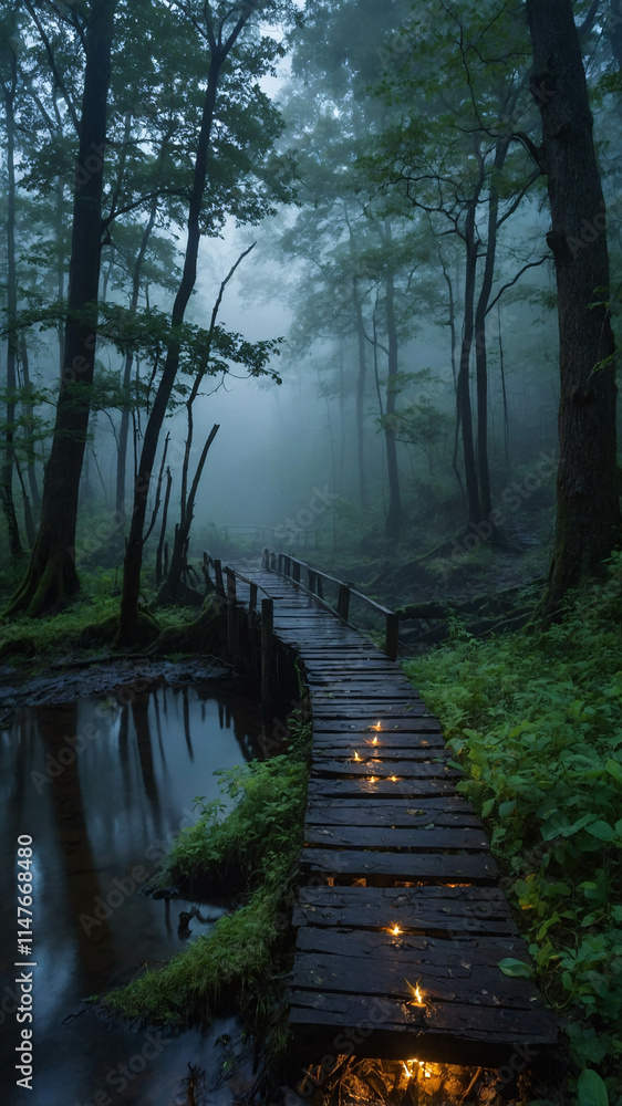 Fototapeta premium Peaceful fog-covered river flowing through the forest surrounded by tall grass and dense trees in the heart of nature