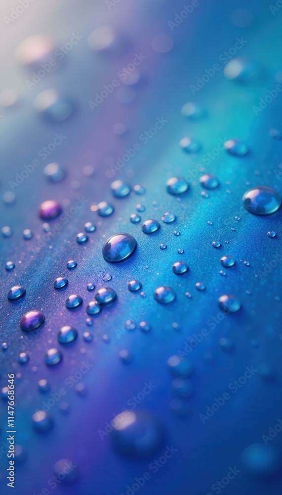 Close-up of numerous water droplets on a blue and purple surface depicting a sense of refreshing purity, and cleanliness. Close-up of numerous water droplets on a blue and purple surface depicting a sense of refreshing purity, and cleanliness.