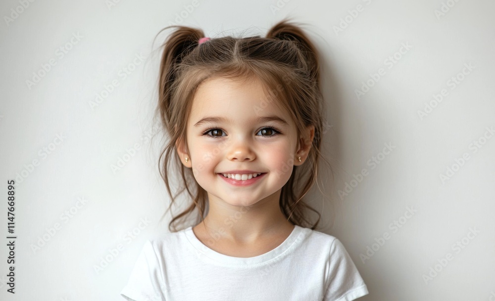 A cheerful girl with ponytails smiles brightly against a simple background, exuding innocence and joy. A cheerful girl with ponytails smiles brightly against a simple background, exuding innocence and joy.