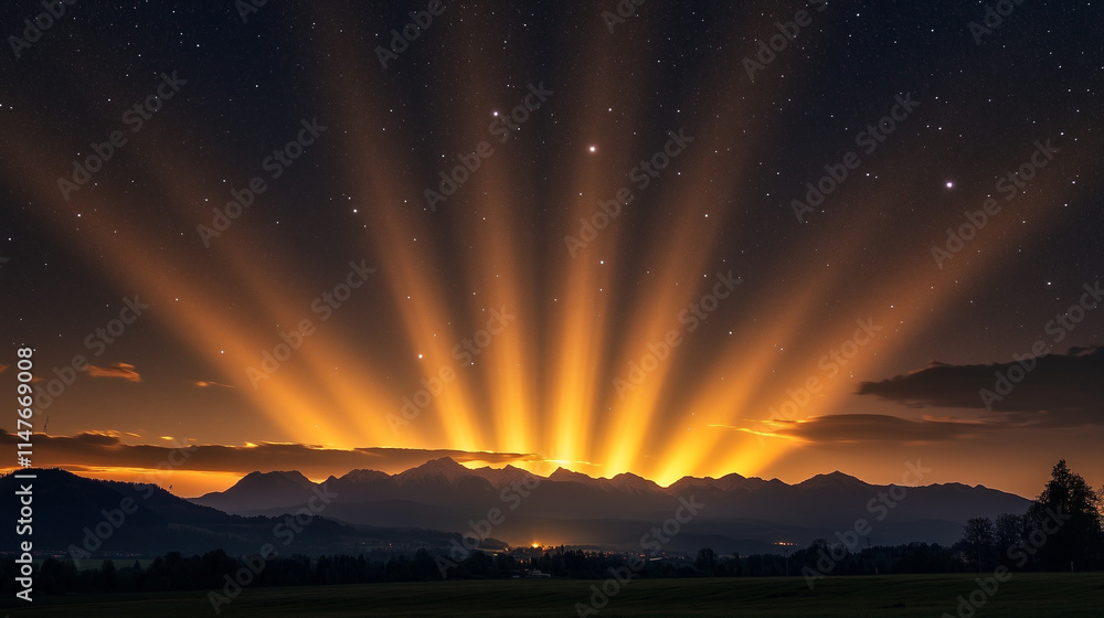 Obraz premium celestial glow phenomenon with golden light emanating from thin clouds in the night sky, bright stars shining around, Ai generated images
