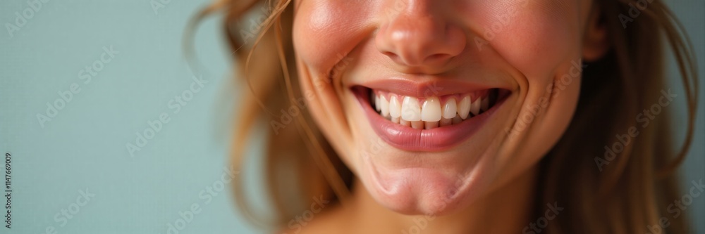 Fototapeta premium A close up of a smiling woman with white teeth and pink lipstick is set against a subtle light blue backdrop, conveying happiness and health.