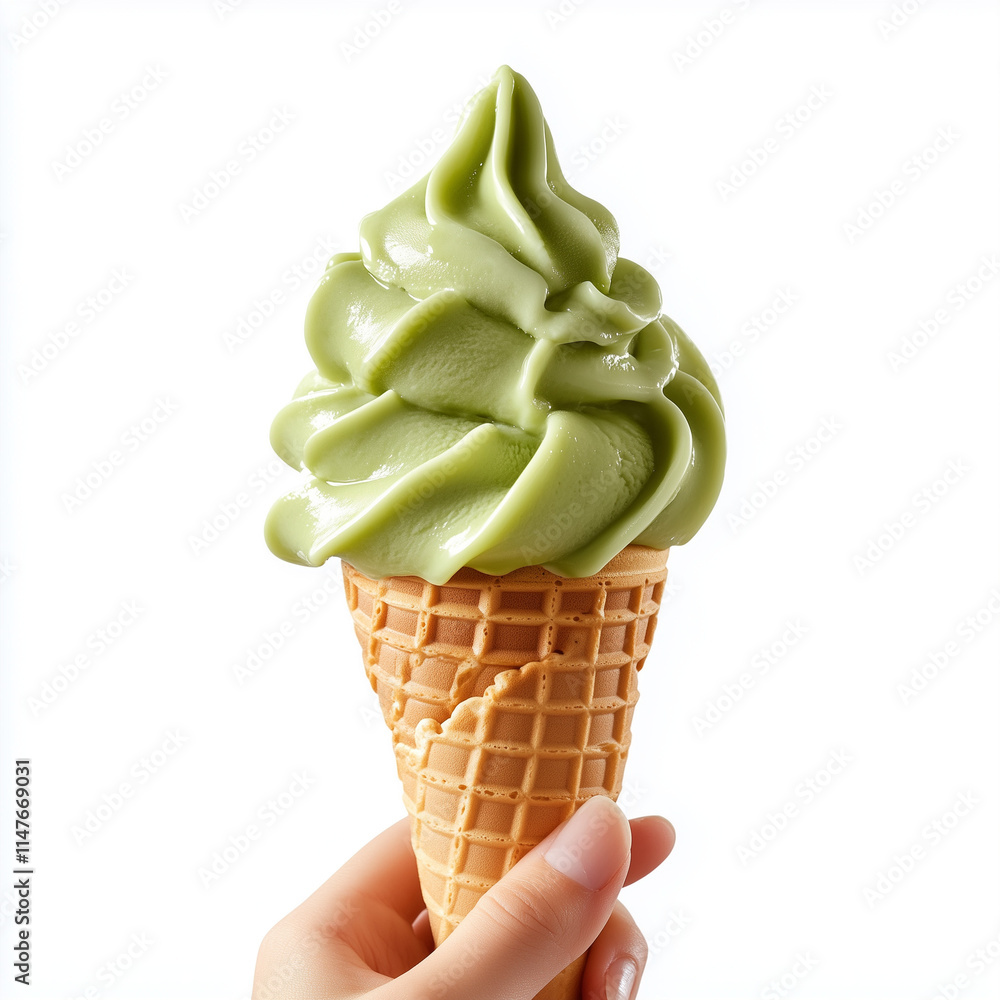 soft serve matcha ice cream cone, held in hand isolated on white background, Ai generated images soft serve matcha ice cream cone, held in hand isolated on white background, Ai generated images