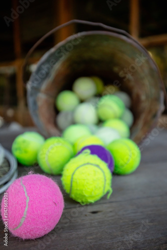 Bucket full of old tennis balls spilled on outdoor table