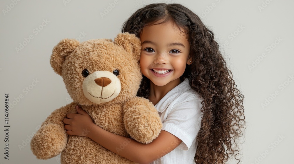 A joyful girl with curly hair hugs a fluffy teddy bear, showcasing a heartwarming moment of childhood affection. A joyful girl with curly hair hugs a fluffy teddy bear, showcasing a heartwarming moment of childhood affection.