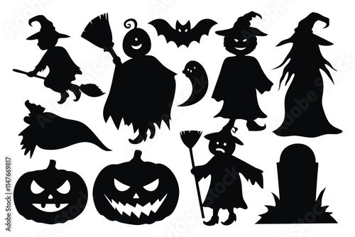 Halloween people silhouettes set isolated flat vector illustration on white background.