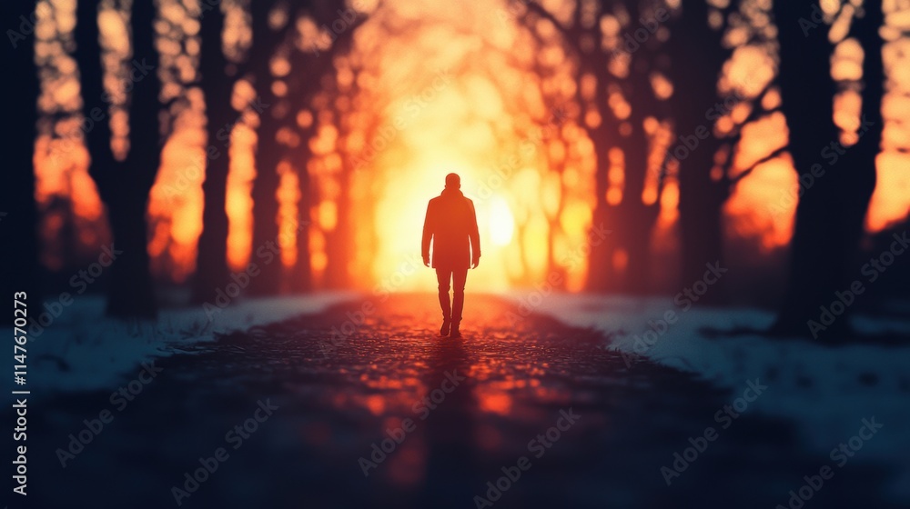 Fototapeta premium Solitary Figure Walking Towards Bright Sunset through Tree Lined Path