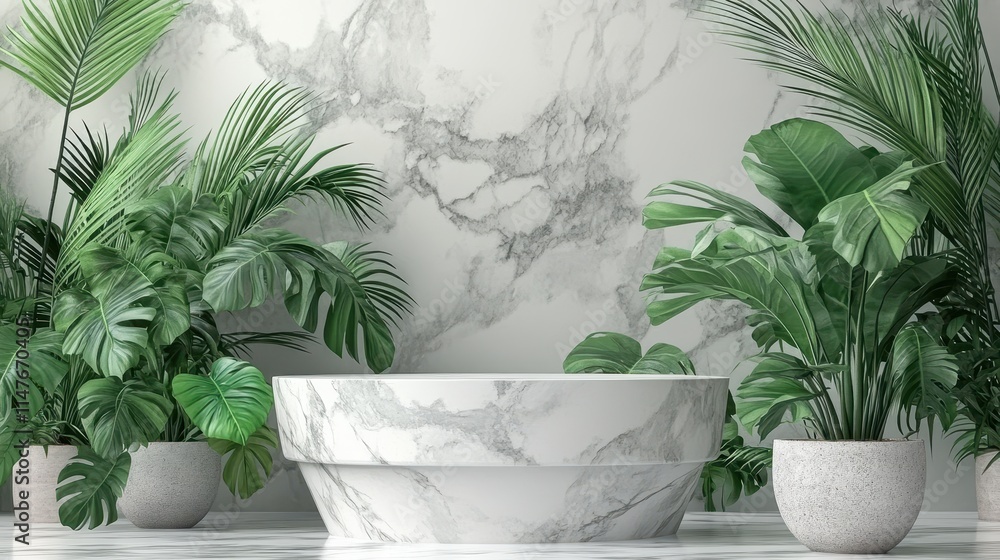 Marble Display Stand with Lush Tropical Plants Marble Display Stand with Lush Tropical Plants