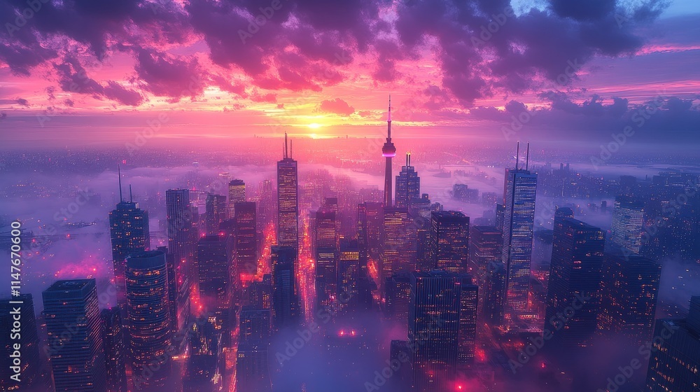 Fototapeta premium City skyline sunset, fog, vibrant colors.