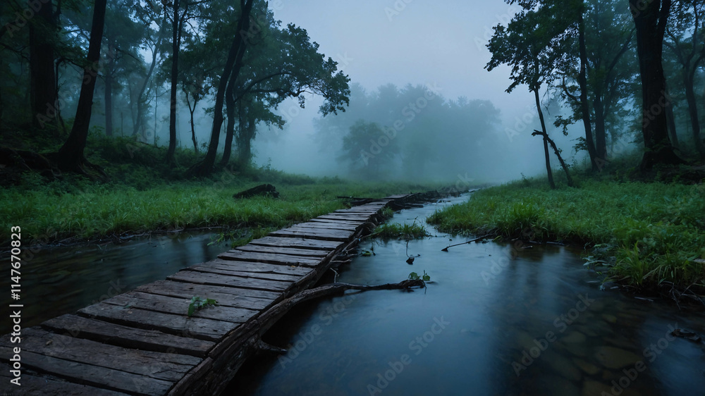 Tranquil river flowing through a fog-covered forest with tall green grass and mist surrounding the scenic landscape Tranquil river flowing through a fog-covered forest with tall green grass and mist surrounding the scenic landscape