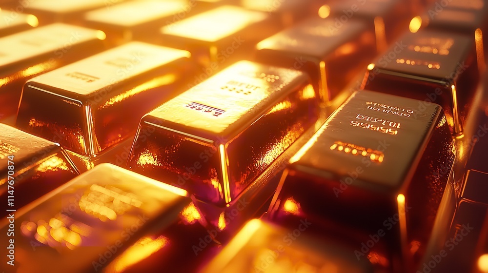 Gold Bullion Bars Stacked Neatly on a Reflective Surface Gold Bullion Bars Stacked Neatly on a Reflective Surface