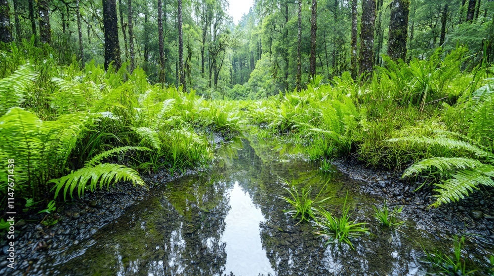 Lush green ferns and a tranquil puddle reflect the forest's serene beauty. Lush green ferns and a tranquil puddle reflect the forest's serene beauty.
