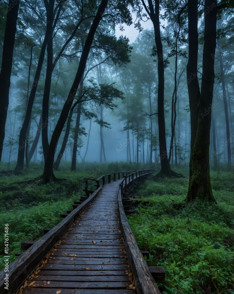 A serene river winding through the foggy forest with green grass and misty surroundings creating a tranquil nature atmosphere A serene river winding through the foggy forest with green grass and misty surroundings creating a tranquil nature atmosphere