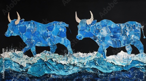 A creative collage featuring sea oxen made from torn blue cardboard, with dynamic waves below. The striking design is set against a bold black background, blending abstract art and oceanic themes photo