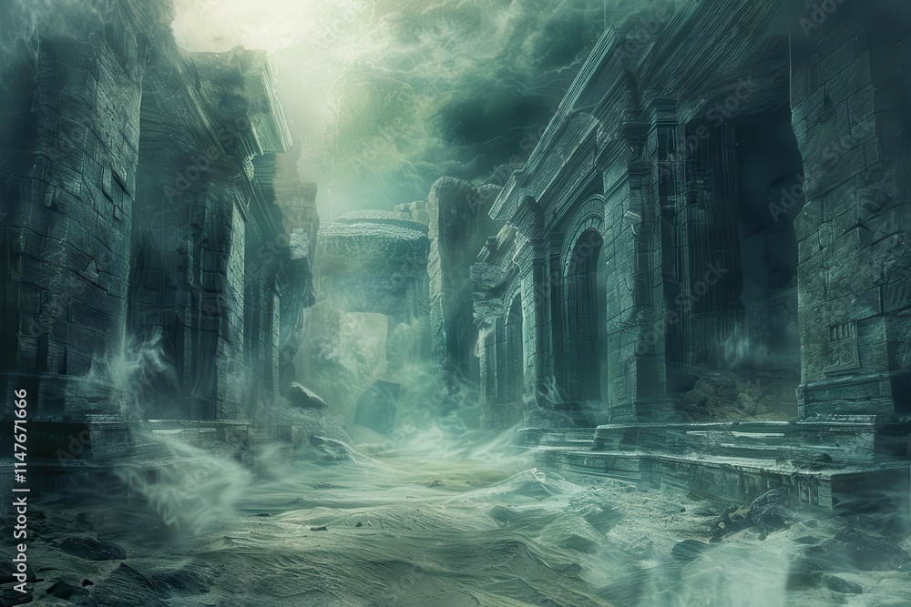 A Mystical, Fog-Shrouded Pathway Through Ancient Ruins A Mystical, Fog-Shrouded Pathway Through Ancient Ruins