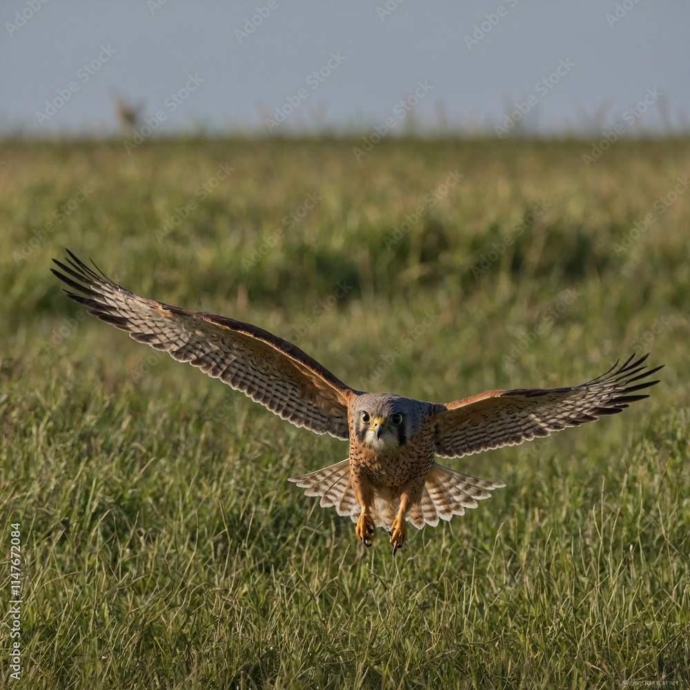 Fototapeta premium A kestrel hovering in the air above a grassy plain.