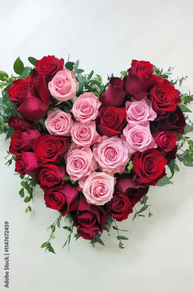 Heart-shaped arrangement of red and pink roses with lush greenery Heart-shaped arrangement of red and pink roses with lush greenery