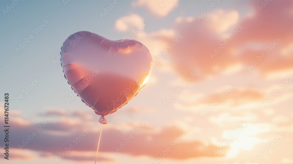 Fototapeta premium Heart-shaped balloon floating at sunset with soft clouds in the background