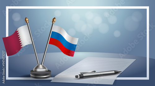 Qatar and Russian Federation National flags on small table with bokeh background, cooperative relationship