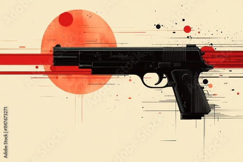 Abstract digital artwork of a modern handgun with dynamic red and black geometric shapes against a beige background, symbolizing balance of power and violence photo