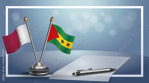 Qatar and Sao Tome and Principe, National flags on small table with bokeh background, cooperative relationship