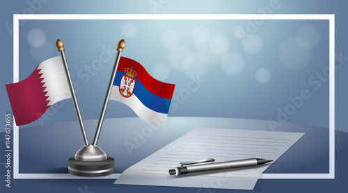 Qatar and Serbia National flags on small table with bokeh background, cooperative relationship