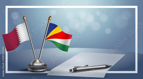 Qatar and Seychelles National flags on small table with bokeh background, cooperative relationship
