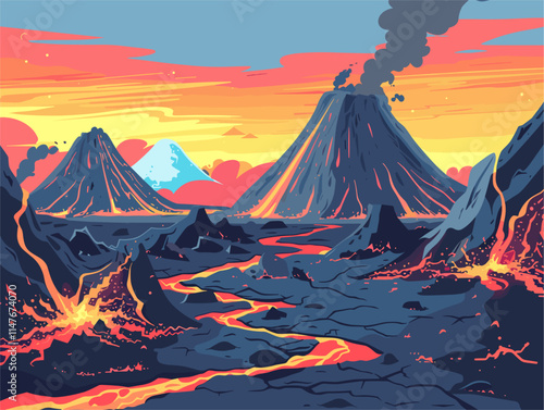 Flat Style Landscape: Volcanic Landscapes - Mountains, Calderas, Lava Fields, and Ash Deposits Illustrated in Animated, Clean, Complex Style with Text-Based Composition in 4:3 Aspect Ratio