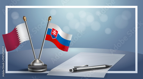 Qatar and Slovakia National flags on small table with bokeh background, cooperative relationship