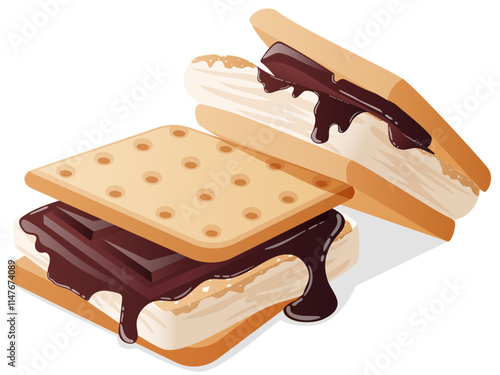 Stacked S`mores. Chocolate Melting on Toasted Marshmallows in Between Graham Crackers. American Camping Snacks Appetizing Illustration 
