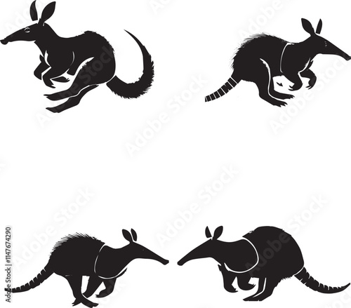 4 Set of Black Running Aardvark Silhouettes Isolated on White Background photo