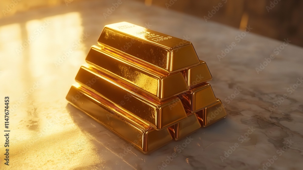 Gold Bullion Bars Stacked Neatly on a Reflective Surface Gold Bullion Bars Stacked Neatly on a Reflective Surface