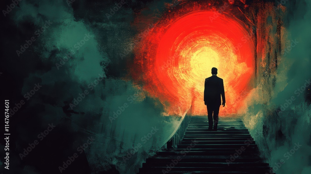 A solitary figure ascends a mysterious staircase into a blazing red-orange light, enveloped by swirling dark mist in a surreal and otherworldly landscape A solitary figure ascends a mysterious staircase into a blazing red-orange light, enveloped by swirling dark mist in a surreal and otherworldly landscape