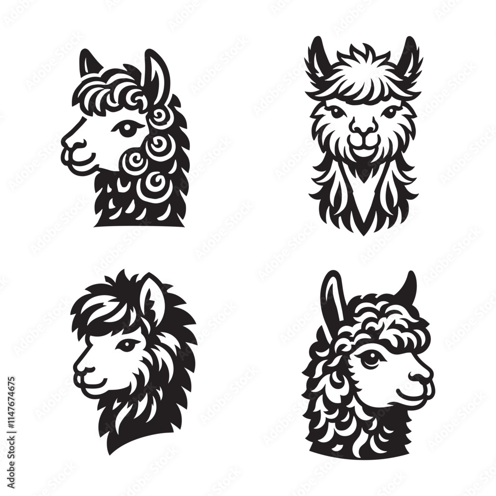 4 Set of Black Alpaca Head Silhouettes Isolated on White Background 4 Set of Black Alpaca Head Silhouettes Isolated on White Background