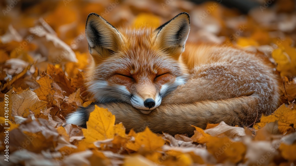 Fototapeta premium Red fox sleeping peacefully amidst autumn leaves.