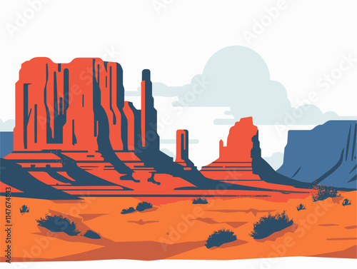 Animated Landscape: A Flat Style Illustration of Buttes Rising Abruptly from the Surroundings