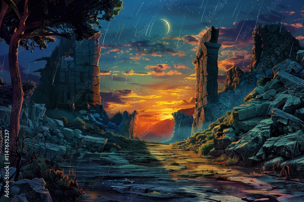 Obraz premium A Mystical Pathway Through Ancient Ruins Under a Starry Sky