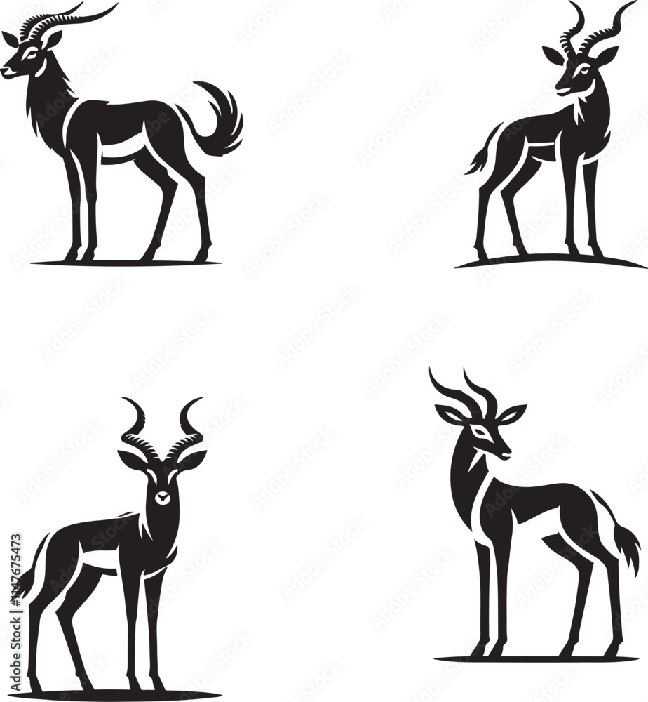 Fototapeta premium 4 Set of Black Standing Antelope Silhouettes Isolated on White Background