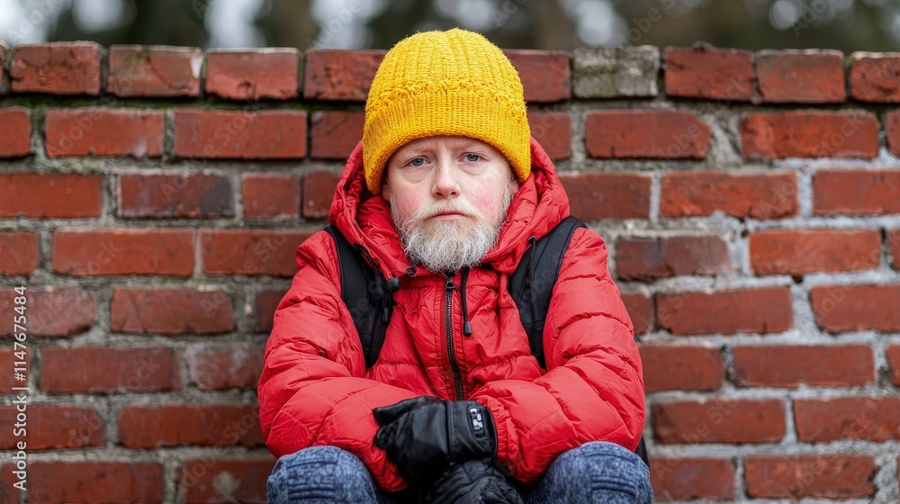 Sad child with painted beard sits against brick wall. Sad child with painted beard sits against brick wall.